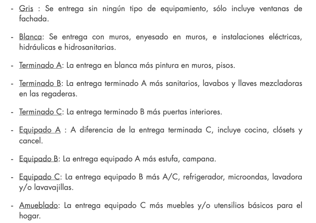 Detalle de tipos de acabados departamentos en venta. 